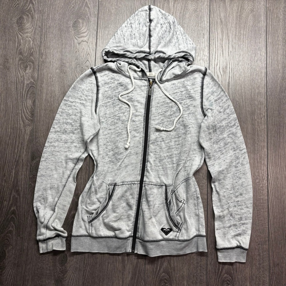 Roxy Womens Y2K Burnout Zip Up Hoodie Grey Contrast Stitch Graphic Small